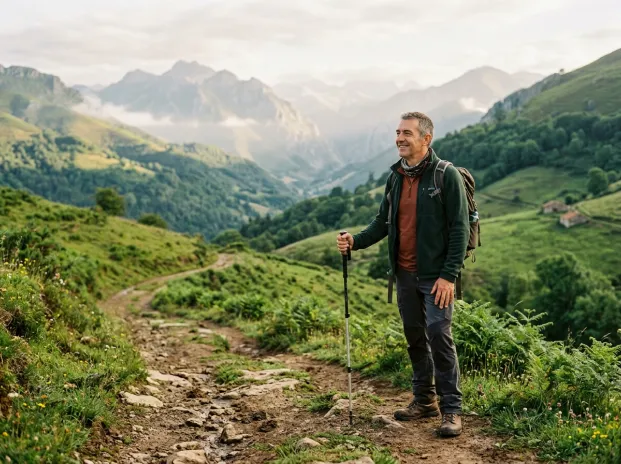 Persona activa de más de 50 años haciendo senderismo en la naturaleza asturiana