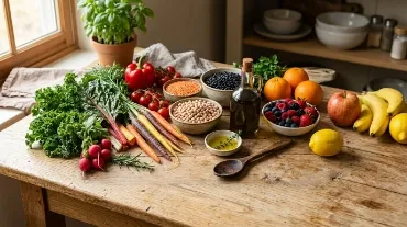 Alimentos frescos y variados sobre superficie natural. Luz cálida.